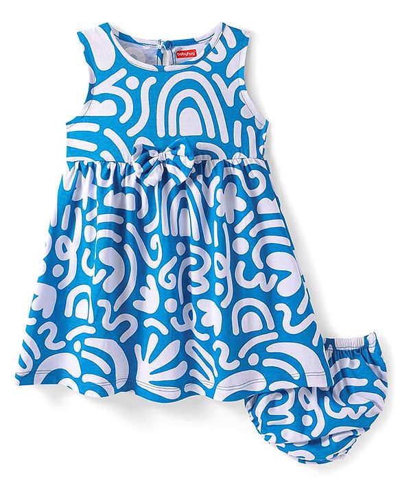 Babyhug Single Jersey Knit Sleeveless Printed Frock With Bow Applique & Bloomer - Blue & White