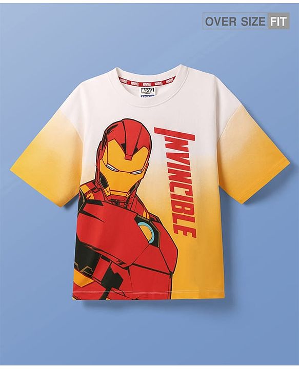 Pine Kids Marvel Terry Knit Half Sleeves Oversized Drop Shoulder Ombre Effect T-Shirt With Avengers Iron Man Graphics -Yellow & White
