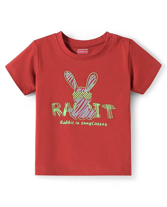 Babyhug Single Jersey Knit Half Sleeves T-Shirt & Shorts Set with Animal Print & Text - Red & Grey