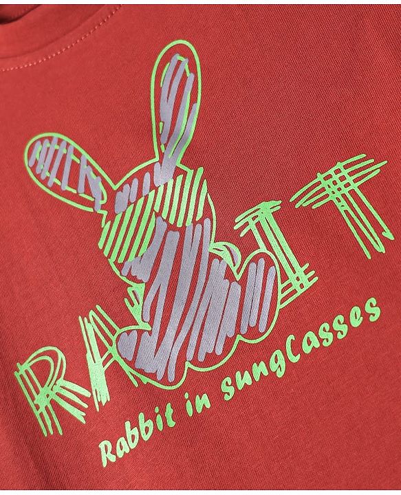 Babyhug Single Jersey Knit Half Sleeves T-Shirt & Shorts Set with Animal Print & Text - Red & Grey