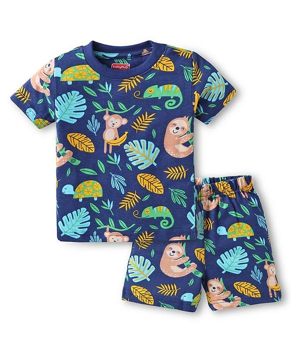 Babyhug Cotton Knit Half Sleeves Shorts Night Suit With Animal Print - Navy Blue