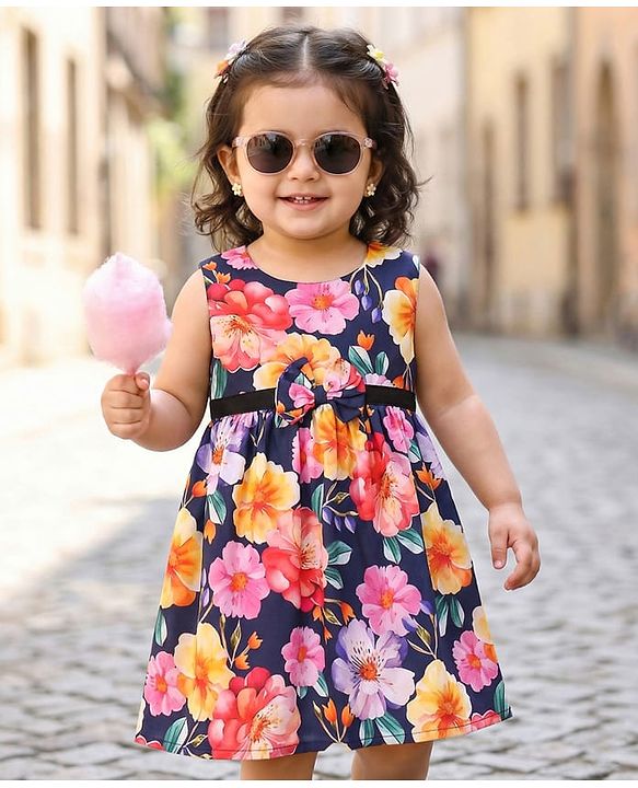 Babyhug Cotton Woven Sleeveless Frock with Floral Print & Bow Applique - Navy Blue