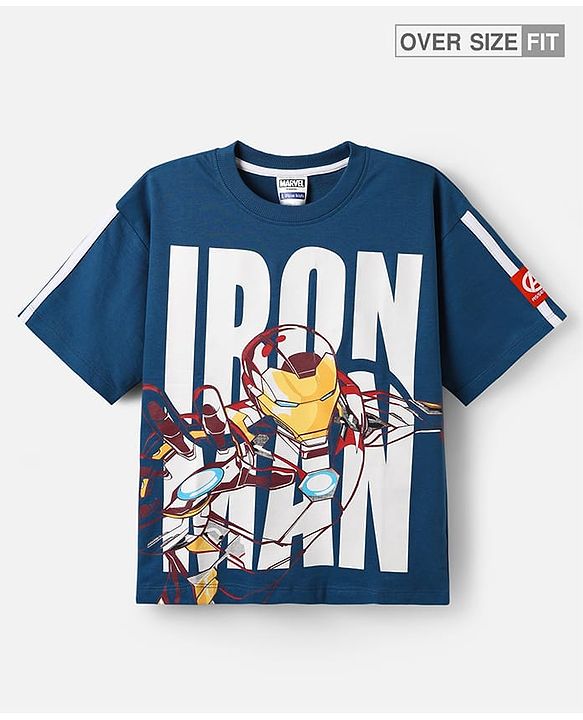 Pine Kids Marvel Terry Knit Half Sleeves Oversize Drop Shoulder T-Shirt With Avengers-Iron Man Graphics And Badge Detailing - Navy Blue