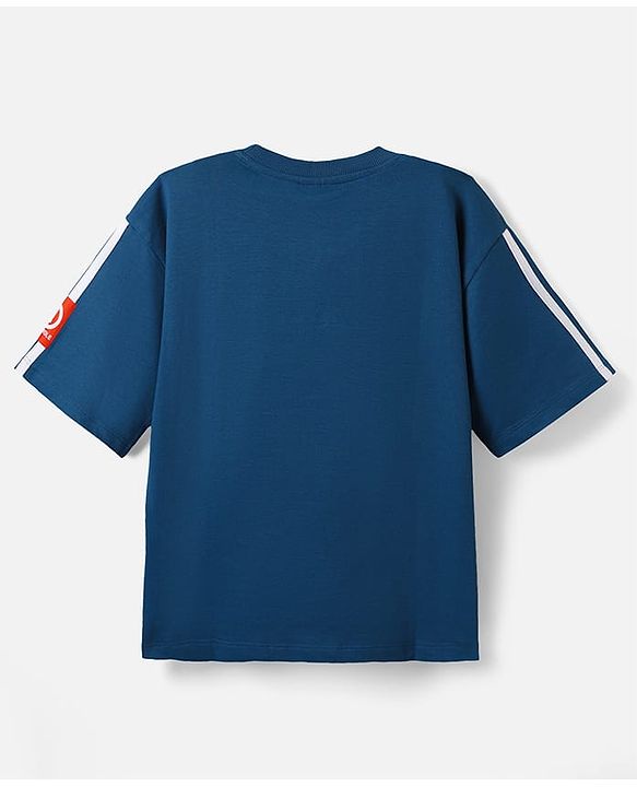Pine Kids Marvel Terry Knit Half Sleeves Oversize Drop Shoulder T-Shirt With Avengers-Iron Man Graphics And Badge Detailing - Navy Blue