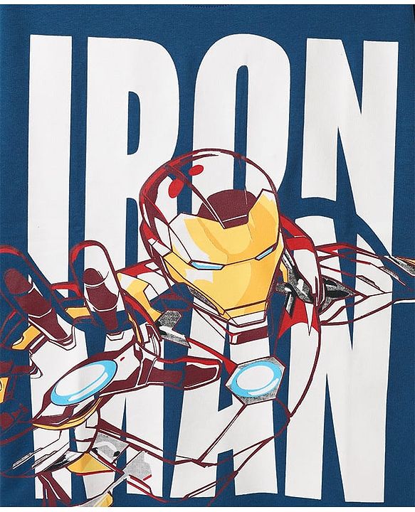 Pine Kids Marvel Terry Knit Half Sleeves Oversize Drop Shoulder T-Shirt With Avengers-Iron Man Graphics And Badge Detailing - Navy Blue