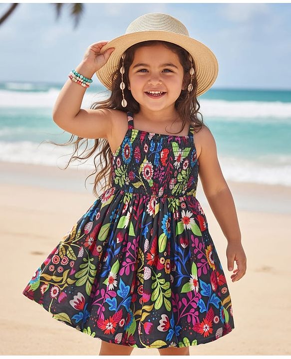 Babyhug Rayon Woven Sleeveless Frock With Floral Print & Smocked Detailing - Black