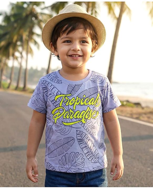 Babyhug Cotton Knit Half Sleeves T-Shirt With Tropical Paradise Text Print - Light Blue