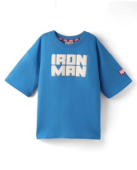 Pine Kids Marvel Terry Knit Half Drop Shoulder Sleeves Oversized T-Shirt with Front & Back Iron Man Graphics & Foil Detailing - Blue