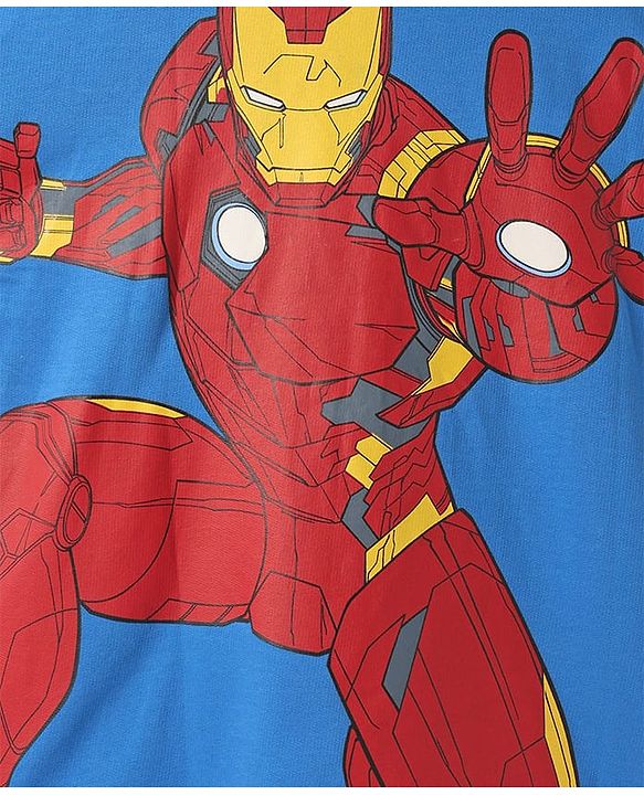 Pine Kids Marvel Terry Knit Half Drop Shoulder Sleeves Oversized T-Shirt with Front & Back Iron Man Graphics & Foil Detailing - Blue