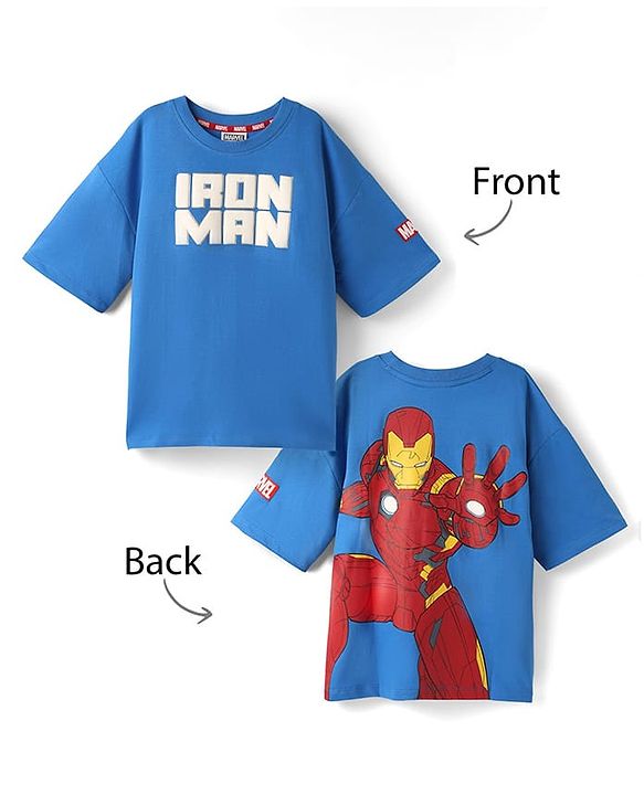 Pine Kids Marvel Terry Knit Half Drop Shoulder Sleeves Oversized T-Shirt with Front & Back Iron Man Graphics & Foil Detailing - Blue