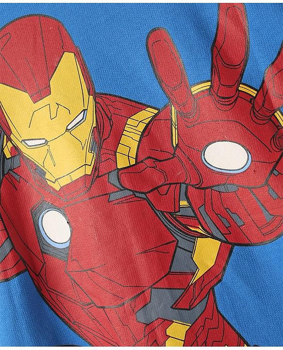 Pine Kids Marvel Terry Knit Half Drop Shoulder Sleeves Oversized T-Shirt with Front & Back Iron Man Graphics & Foil Detailing - Blue