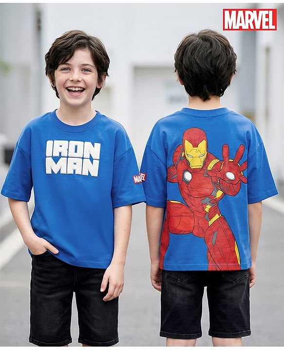 Pine Kids Marvel Terry Knit Half Drop Shoulder Sleeves Oversized T-Shirt with Front & Back Iron Man Graphics & Foil Detailing - Blue
