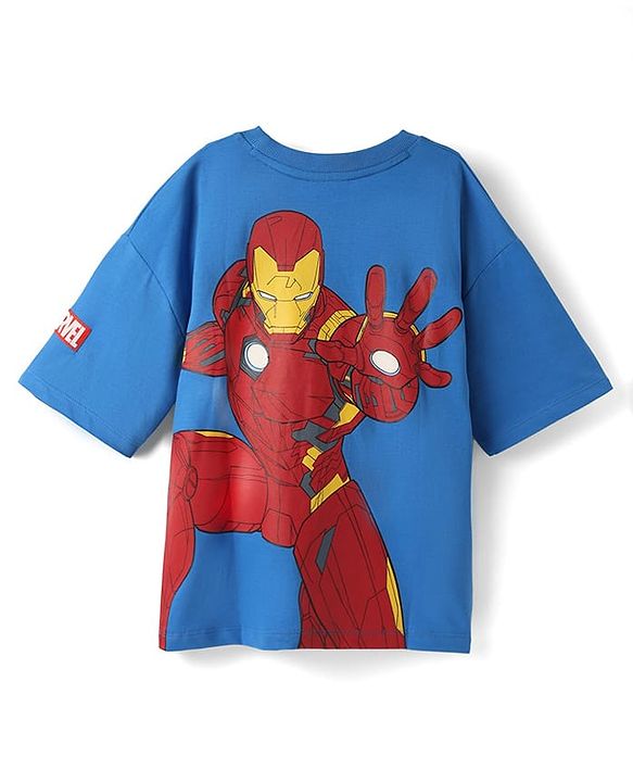 Pine Kids Marvel Terry Knit Half Drop Shoulder Sleeves Oversized T-Shirt with Front & Back Iron Man Graphics & Foil Detailing - Blue