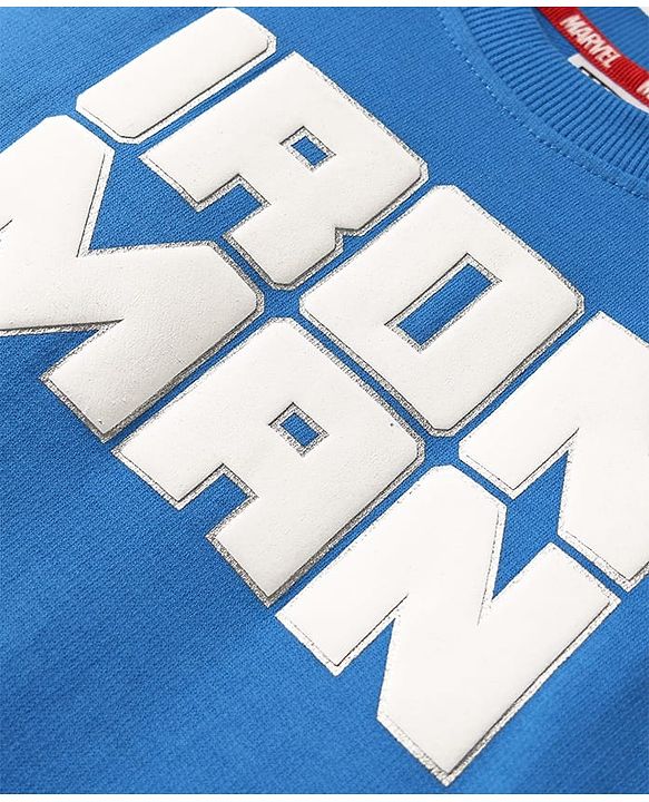 Pine Kids Marvel Terry Knit Half Drop Shoulder Sleeves Oversized T-Shirt with Front & Back Iron Man Graphics & Foil Detailing - Blue