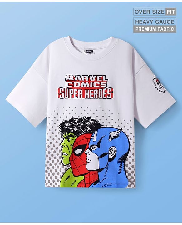 Pine Kids Marvel Terry Knit Half Drop Shoulder Sleeves Oversized T-Shirt with Avengers Graphics & Badge Detailing - White