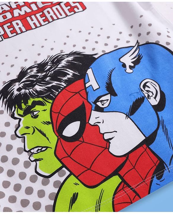 Pine Kids Marvel Terry Knit Half Drop Shoulder Sleeves Oversized T-Shirt with Avengers Graphics & Badge Detailing - White