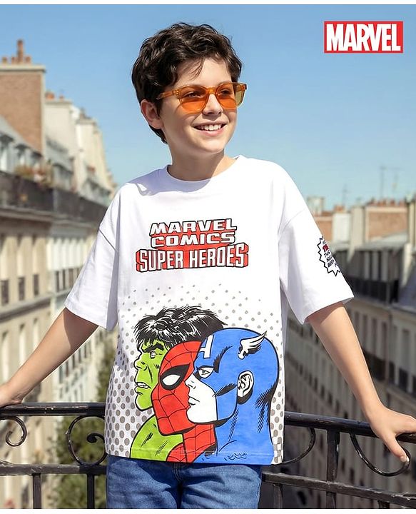 Pine Kids Marvel Terry Knit Half Drop Shoulder Sleeves Oversized T-Shirt with Avengers Graphics & Badge Detailing - White