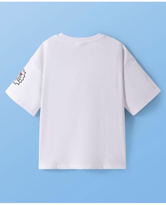 Pine Kids Marvel Terry Knit Half Drop Shoulder Sleeves Oversized T-Shirt with Avengers Graphics & Badge Detailing - White
