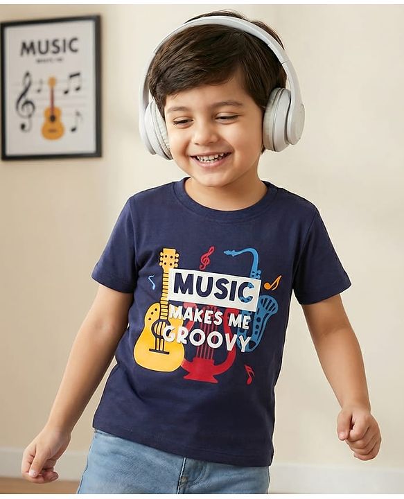 Babyhug Cotton Knit Half Sleeves T-Shirt With Music Makes Me Groovy Text Print - Navy Blue
