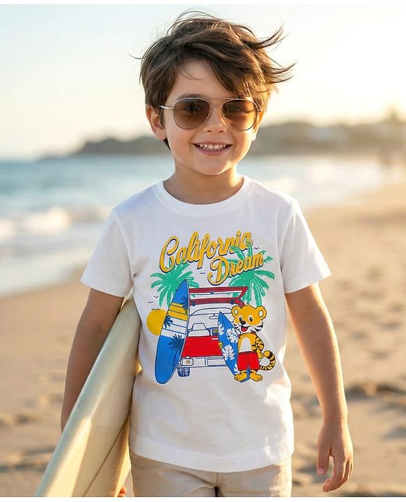 Babyhug Cotton Knit Half Sleeves T-shirt With California Dream Text Print - White