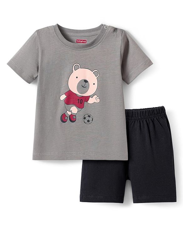 Babyhug Single Jersey Knit Half Sleeves T-Shirt & Shorts Set With Teddy Bear Print - Grey & Black