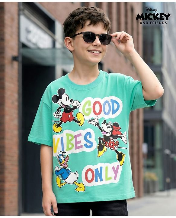 Pine Kids Disney Terry Knit Half Sleeves Oversized Drop Shoulder T-Shirt With Mickey Mouse And Family Graphics - Light Green