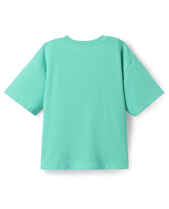 Pine Kids Disney Terry Knit Half Sleeves Oversized Drop Shoulder T-Shirt With Mickey Mouse And Family Graphics - Light Green