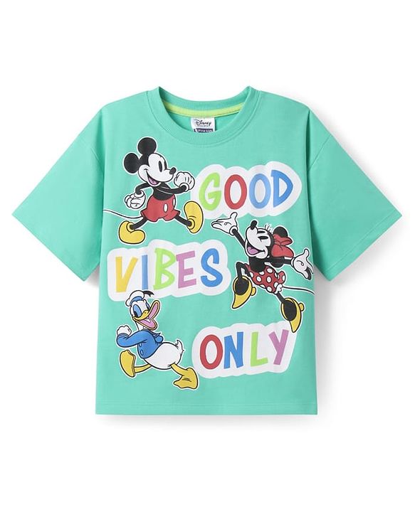 Pine Kids Disney Terry Knit Half Sleeves Oversized Drop Shoulder T-Shirt With Mickey Mouse And Family Graphics - Light Green