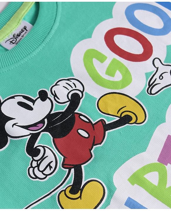 Pine Kids Disney Terry Knit Half Sleeves Oversized Drop Shoulder T-Shirt With Mickey Mouse And Family Graphics - Light Green