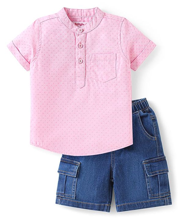 Babyhug Cotton Woven Half Sleeves Mandarin Collared Solid Shirt & Denim Shorts Set - Peach & Blue