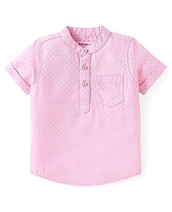 Babyhug Cotton Woven Half Sleeves Mandarin Collared Solid Shirt & Denim Shorts Set - Peach & Blue