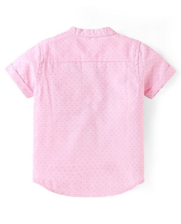 Babyhug Cotton Woven Half Sleeves Mandarin Collared Solid Shirt & Denim Shorts Set - Peach & Blue
