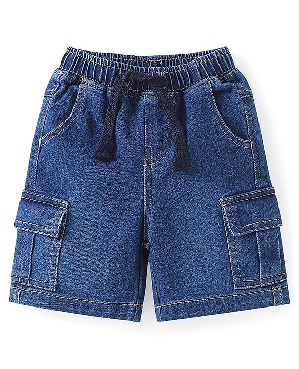 Babyhug Cotton Woven Half Sleeves Mandarin Collared Solid Shirt & Denim Shorts Set - Peach & Blue