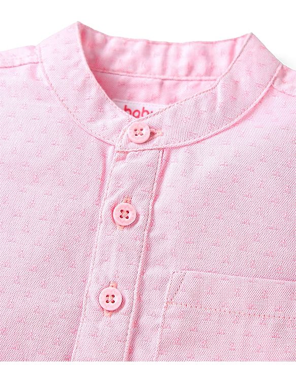 Babyhug Cotton Woven Half Sleeves Mandarin Collared Solid Shirt & Denim Shorts Set - Peach & Blue