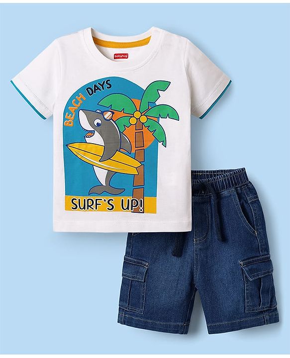 Babyhug Single Jersey Knit Half Sleeves T-Shirt & Denim Shorts Set with Beach Theme Print - White & Blue