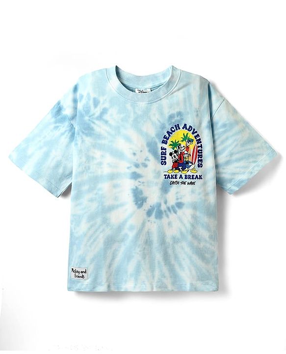 Pine Kids Disney Terry Knit Half Sleeves Oversized And Drop Shoulder Tie And Dye T-Shirt With Front And Back Mickey Mouse And Family Graphics -