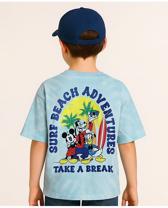 Pine Kids Disney Terry Knit Half Sleeves Oversized And Drop Shoulder Tie And Dye T-Shirt With Front And Back Mickey Mouse And Family Graphics -