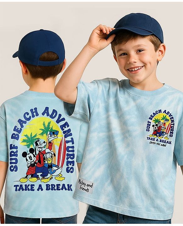 Pine Kids Disney Terry Knit Half Sleeves Oversized And Drop Shoulder Tie And Dye T-Shirt With Front And Back Mickey Mouse And Family Graphics -