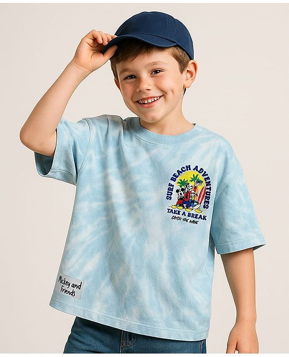 Pine Kids Disney Terry Knit Half Sleeves Oversized And Drop Shoulder Tie And Dye T-Shirt With Front And Back Mickey Mouse And Family Graphics -