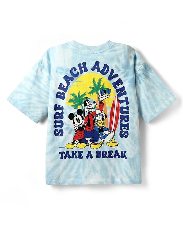 Pine Kids Disney Terry Knit Half Sleeves Oversized And Drop Shoulder Tie And Dye T-Shirt With Front And Back Mickey Mouse And Family Graphics -