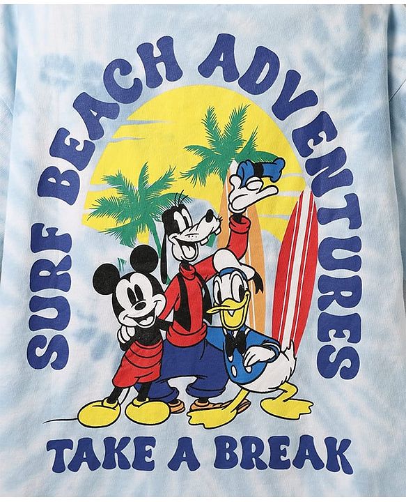 Pine Kids Disney Terry Knit Half Sleeves Oversized And Drop Shoulder Tie And Dye T-Shirt With Front And Back Mickey Mouse And Family Graphics -