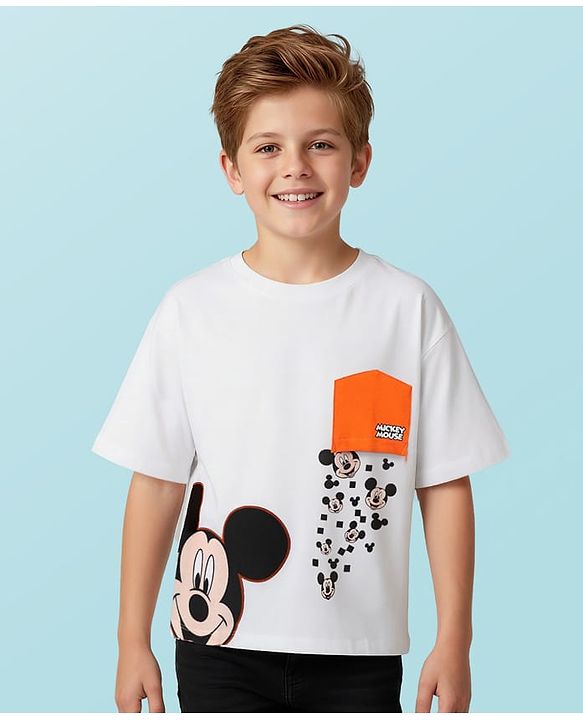 Pine Kids Marvel Terry Knit Half Sleeves Oversize And Drop Shoulder T-Shirt With Mickey Mouse Graphics And Reversible Pocket Detailing - White
