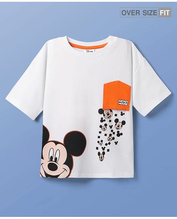 Pine Kids Marvel Terry Knit Half Sleeves Oversize And Drop Shoulder T-Shirt With Mickey Mouse Graphics And Reversible Pocket Detailing - White