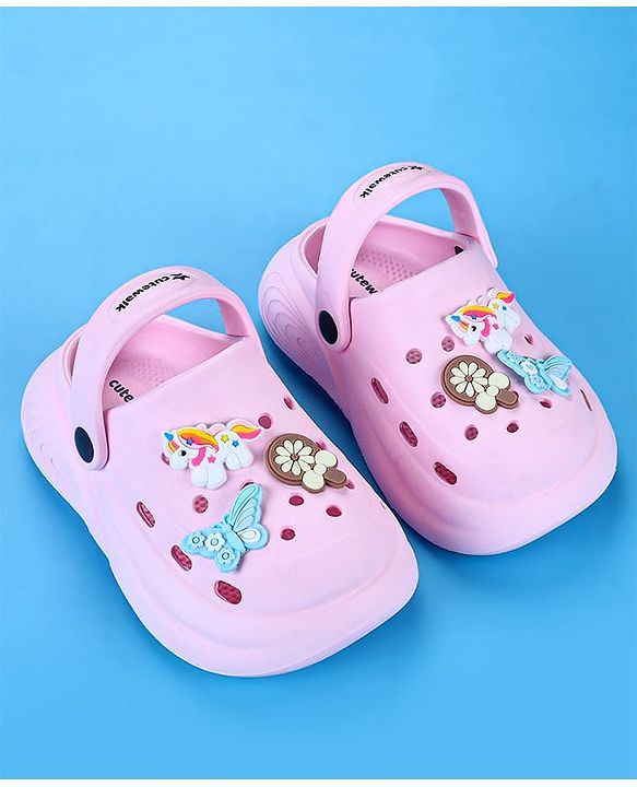 Cute Walk by Babyhug Back Strap Closure Clogs with Unicorn Floral & Butterfly Applique - Light Pink