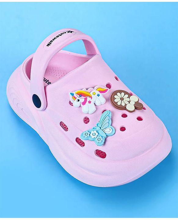 Cute Walk by Babyhug Back Strap Closure Clogs with Unicorn Floral & Butterfly Applique - Light Pink
