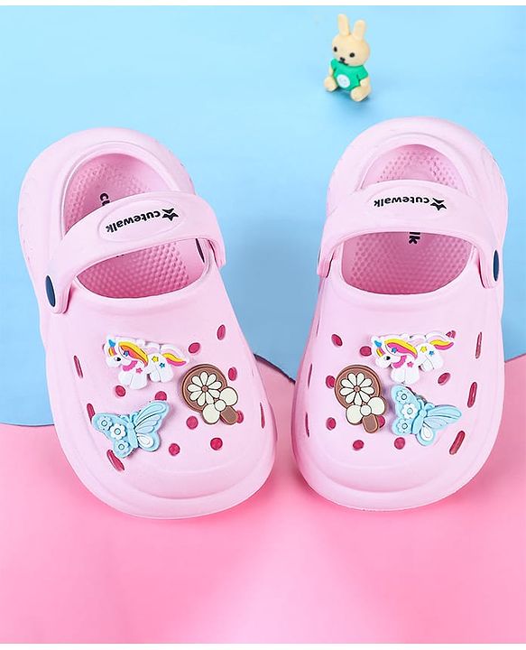 Cute Walk by Babyhug Back Strap Closure Clogs with Unicorn Floral & Butterfly Applique - Light Pink