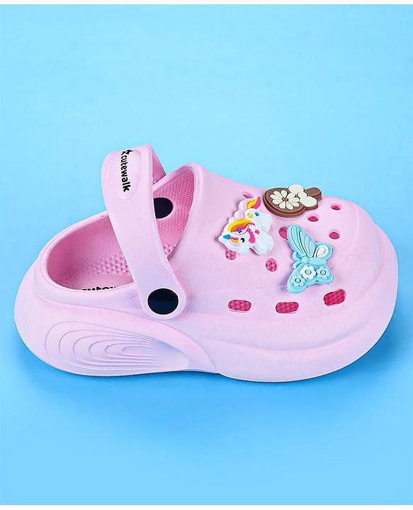 Cute Walk by Babyhug Back Strap Closure Clogs with Unicorn Floral & Butterfly Applique - Light Pink