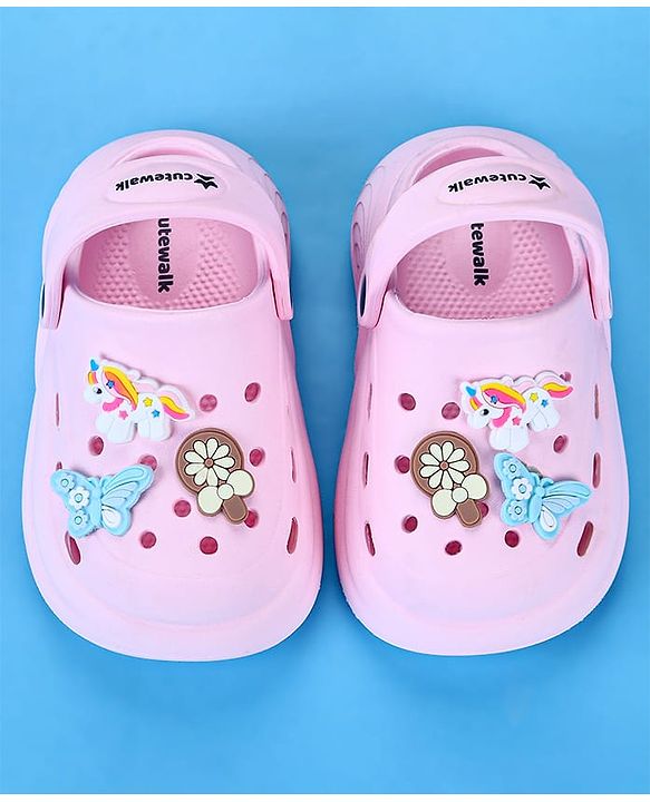 Cute Walk by Babyhug Back Strap Closure Clogs with Unicorn Floral & Butterfly Applique - Light Pink