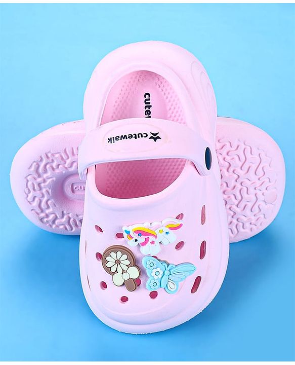 Cute Walk by Babyhug Back Strap Closure Clogs with Unicorn Floral & Butterfly Applique - Light Pink