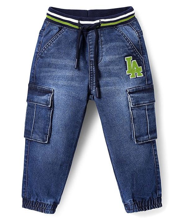 Babyhug Full Length Washed Denim Jeans with Stretch & Patch Detailing - Blue